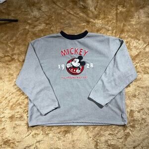 Disney Vintage Grey Fleece Sweatshirt Mickey Mouse Patch Size XL 28x28